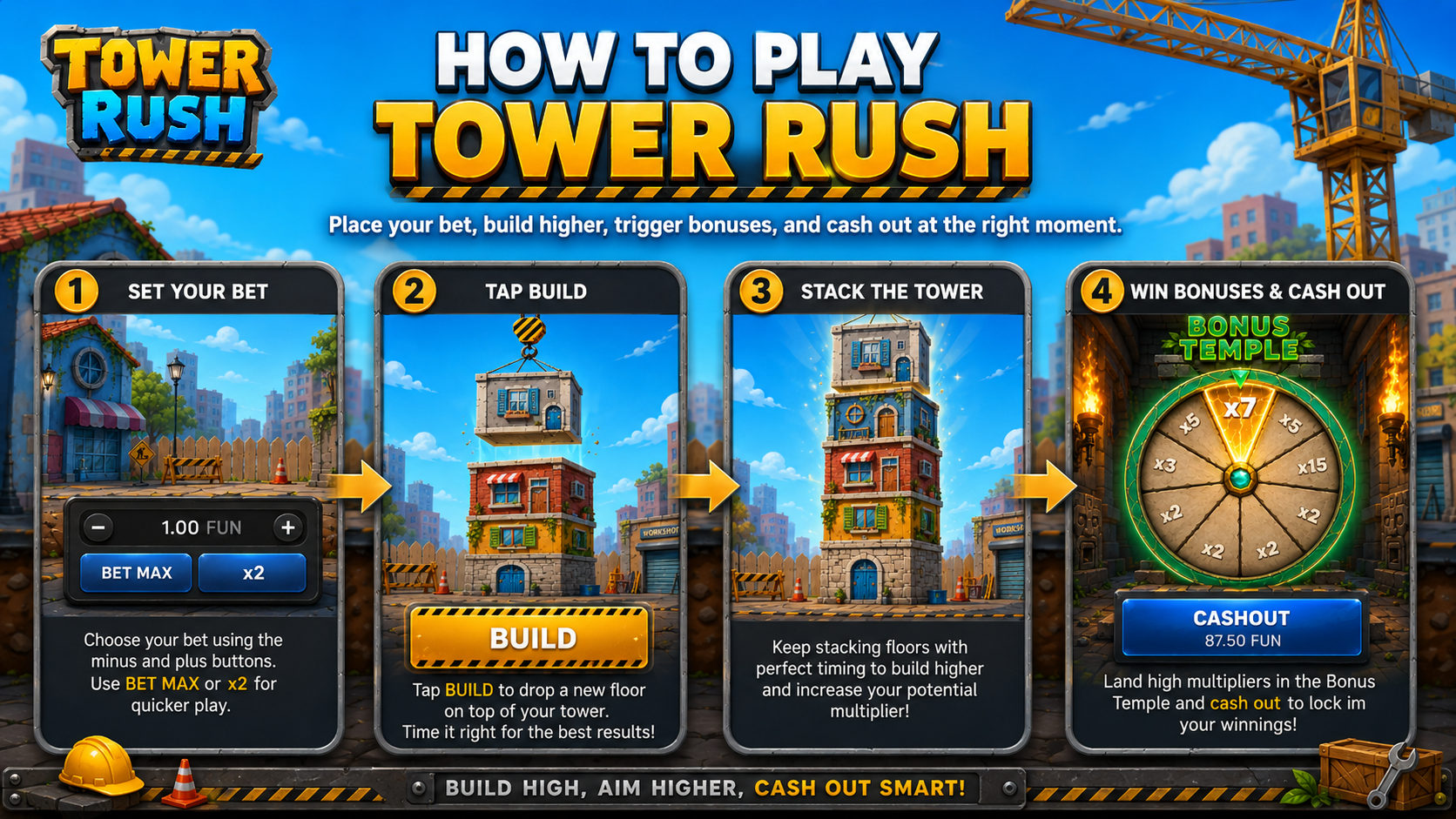 How to play the Tower Rush game in India - set a bet, press Build, then Cash Out