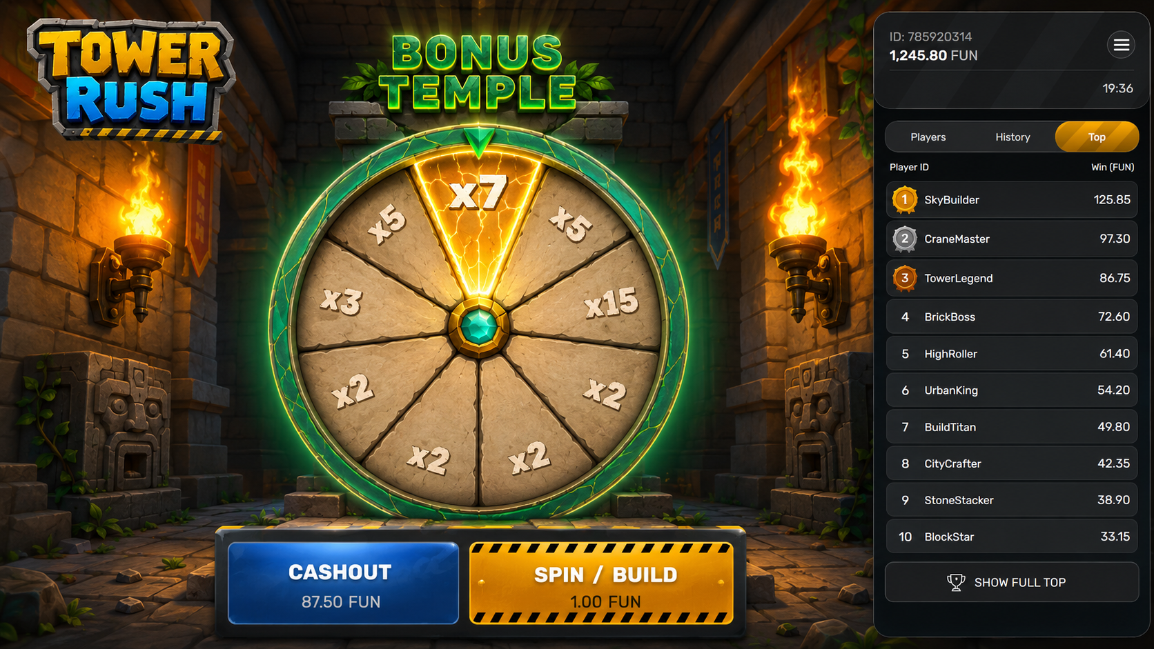 Tower Rush game Bonus Temple wheel with multipliers from x1.5 to x7 in India